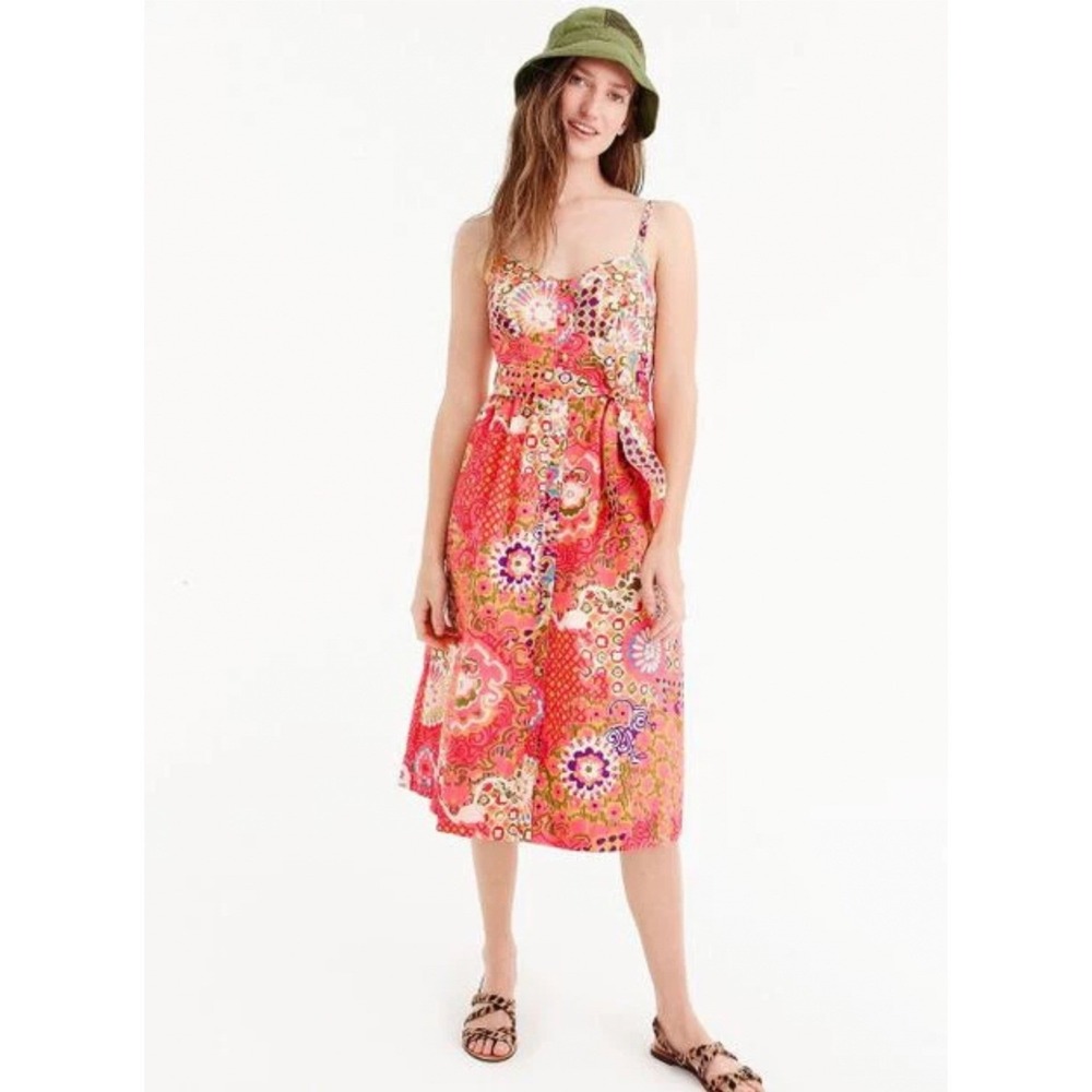 J Crew Orange Floral Print Sleeveless Midi Dress Belted Button Front Size 0